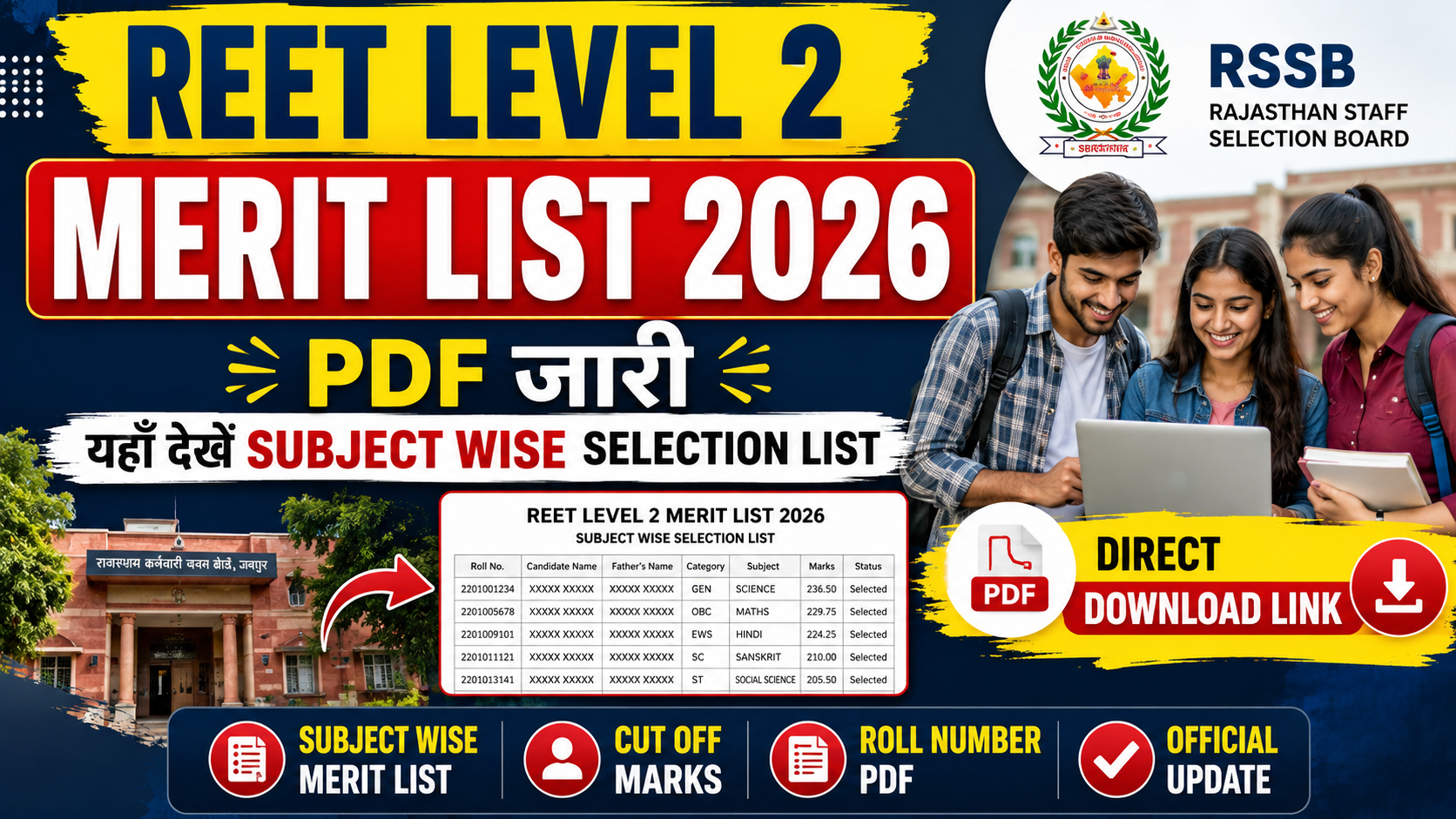 REET Level 2 Merit List 2026 PDF Download official selection list featured image