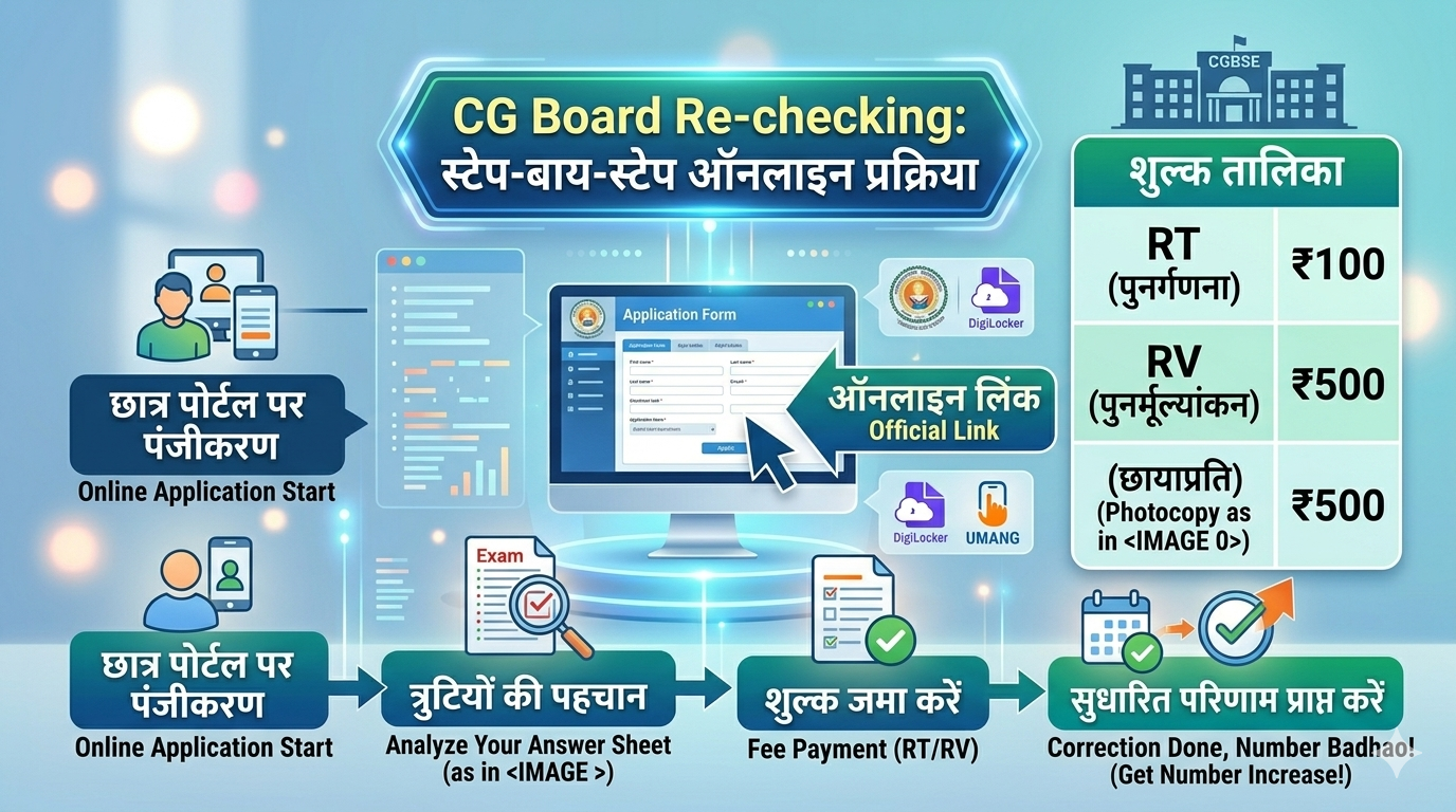 CGBSE Re-checking Form 2026 fees RT RV Photocopy Step-by-Step Flowchart