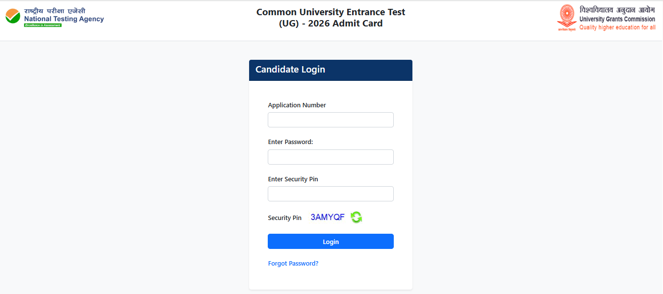 NTA CUET UG 2026 Official Admit Card Login Window Screenshot