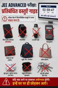 Infographic of strictly prohibited items for JEE Advanced exam featuring a smartphone, smartwatch, calculator, and wallet with red cross marks