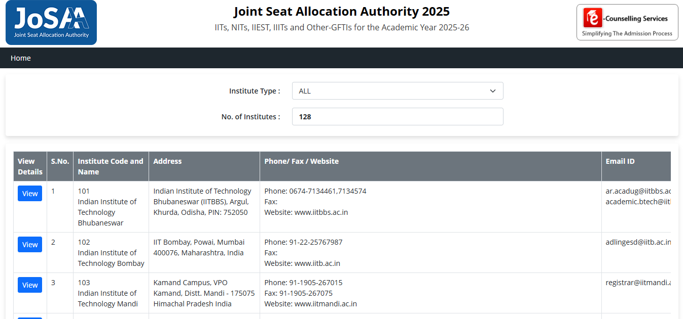 JoSAA counselling 2026 participating institutes list with codes and contact details on josaa nic in