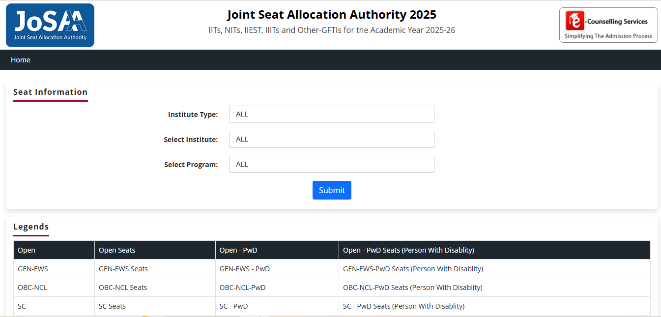 JoSAA Counselling 2026 seat information and choice filling portal dashboard on josaa nic in