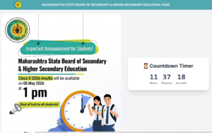 Maharashtra Board SSC 10th Result 2026 का थंबनेल, जिसमें एक छात्र मार्कशीट पकड़े लैपटॉप पर रिजल्ट देख रहा है, साथ में 1:00 PM की डिजिटल घड़ी और 8 मई की तारीख दर्शाई गई है।
