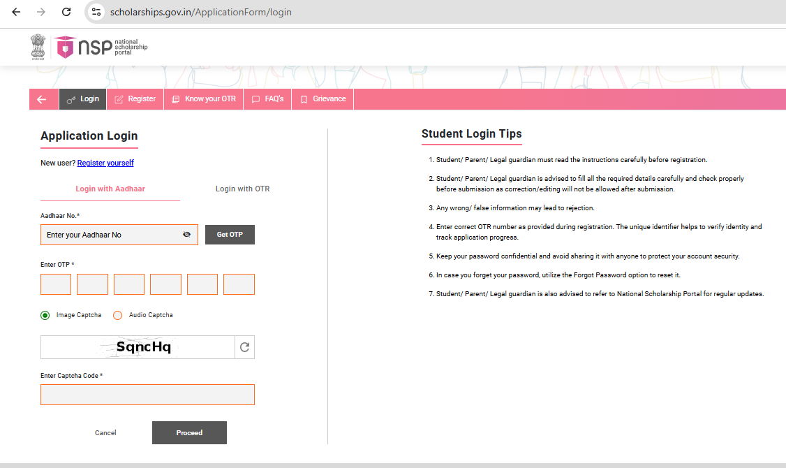 NSP portal login page for student scholarship applications 2026