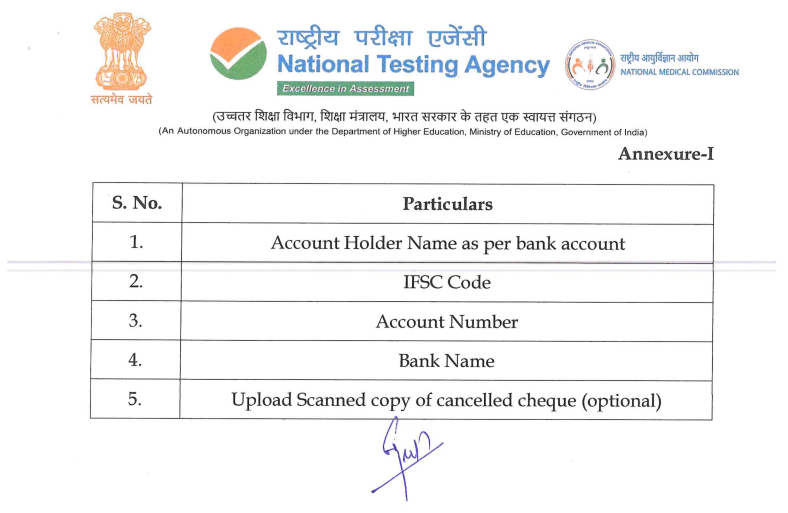 NEET UG 2026 Fee Refund Bank Details Format Annexure I NTA