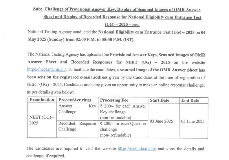 NEET UG 2025 OMR Sheet Answer Key Challenge Official Notice NTA