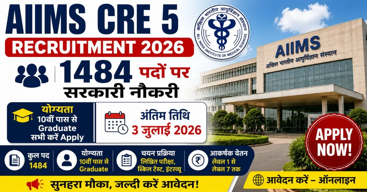 AIIMS CRE 5 Recruitment 2026 में 1484 पदों पर भर्ती, 10वीं पास से Graduate उम्मीदवारों के लिए आवेदन की अंतिम तिथि 3 जुलाई 2026।