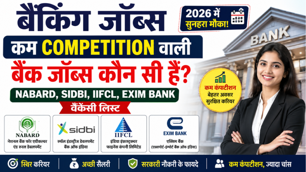 कम Competition वाली बैंक जॉब्स 2026 – NABARD, SIDBI, IIFCL और Exim Bank में भर्ती की जानकारी, कम प्रतिस्पर्धा वाली बैंकिंग नौकरियों की सूची