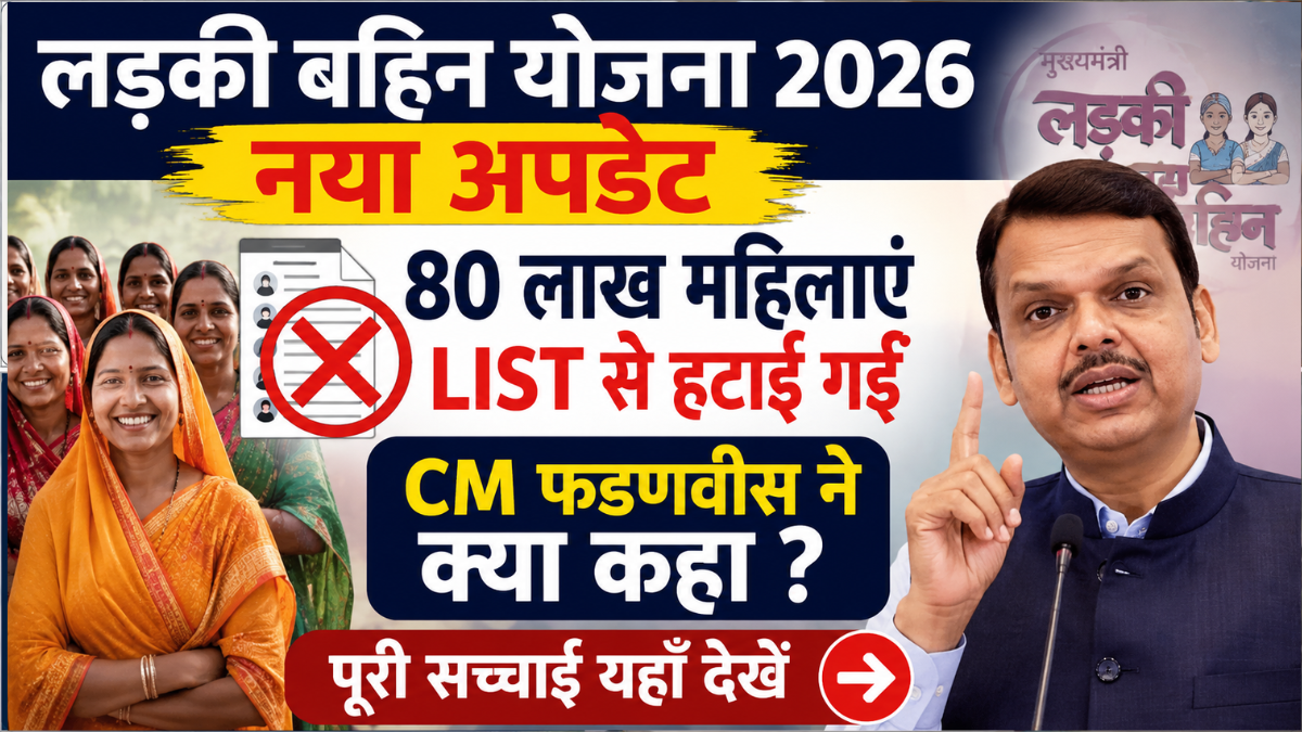 Ladki Bahin Yojana 2026 की नई अपडेट, 80 लाख महिलाओं के नाम सूची से हटाए गए, मुख्यमंत्री फडणवीस की घोषणा और योजना से जुड़ी महत्वपूर्ण जानकारी।