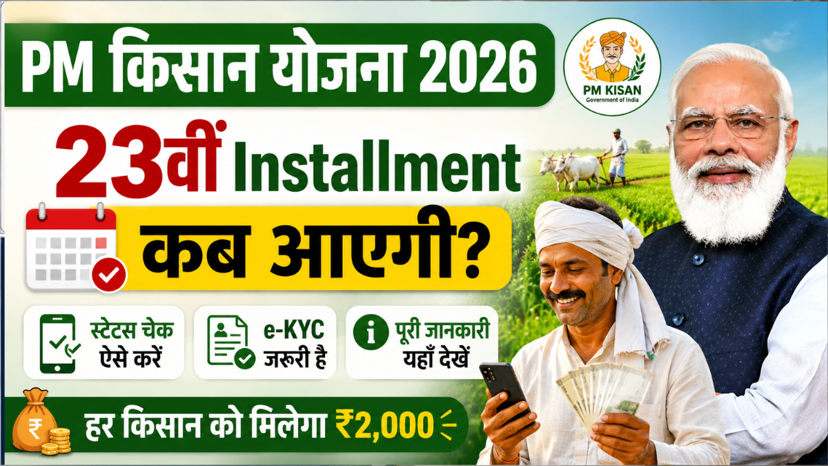 PM Kisan Yojana 2026 की 23वीं किस्त कब आएगी, स्टेटस चेक, e-KYC अपडेट और ₹2000 भुगतान से जुड़ी पूरी जानकारी।