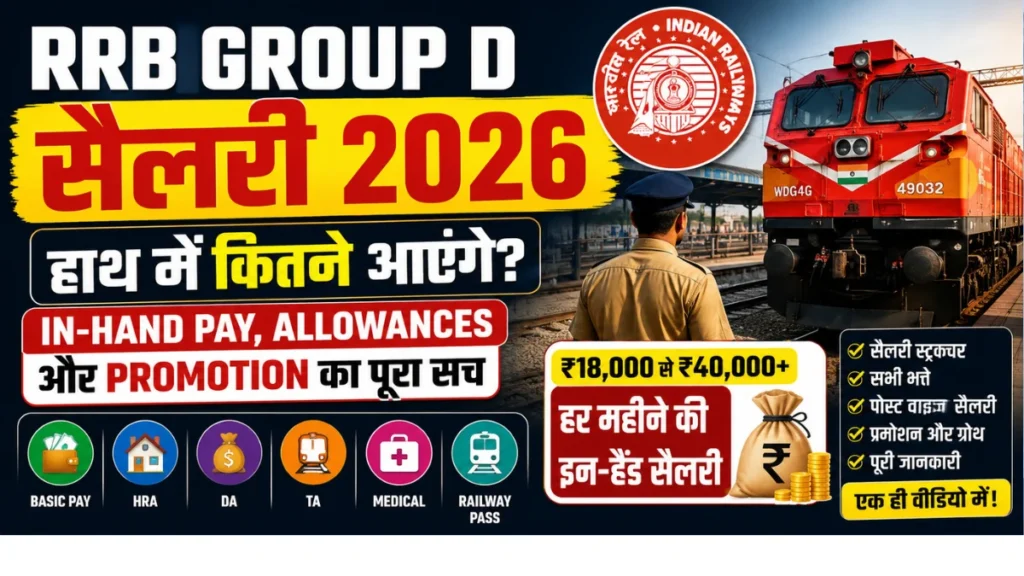 RRB Group D Salary 2026 की जानकारी, जिसमें इन-हैंड सैलरी, भत्ते (DA, HRA, TA), प्रमोशन और रेलवे नौकरी के लाभ दिखाए गए हैं।