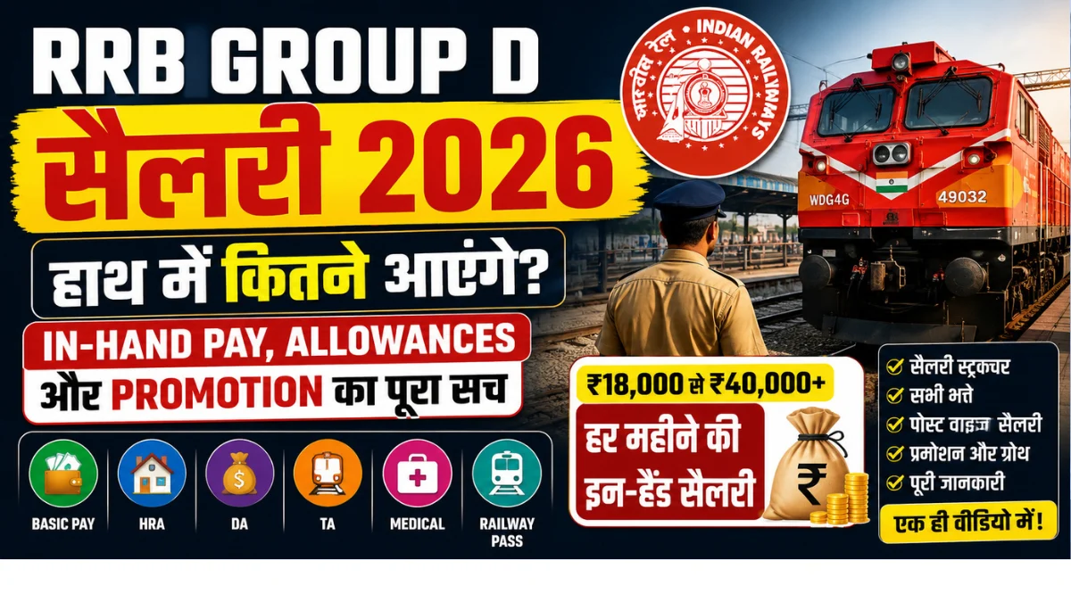 RRB Group D Salary 2026 की जानकारी, जिसमें इन-हैंड सैलरी, भत्ते (DA, HRA, TA), प्रमोशन और रेलवे नौकरी के लाभ दिखाए गए हैं।